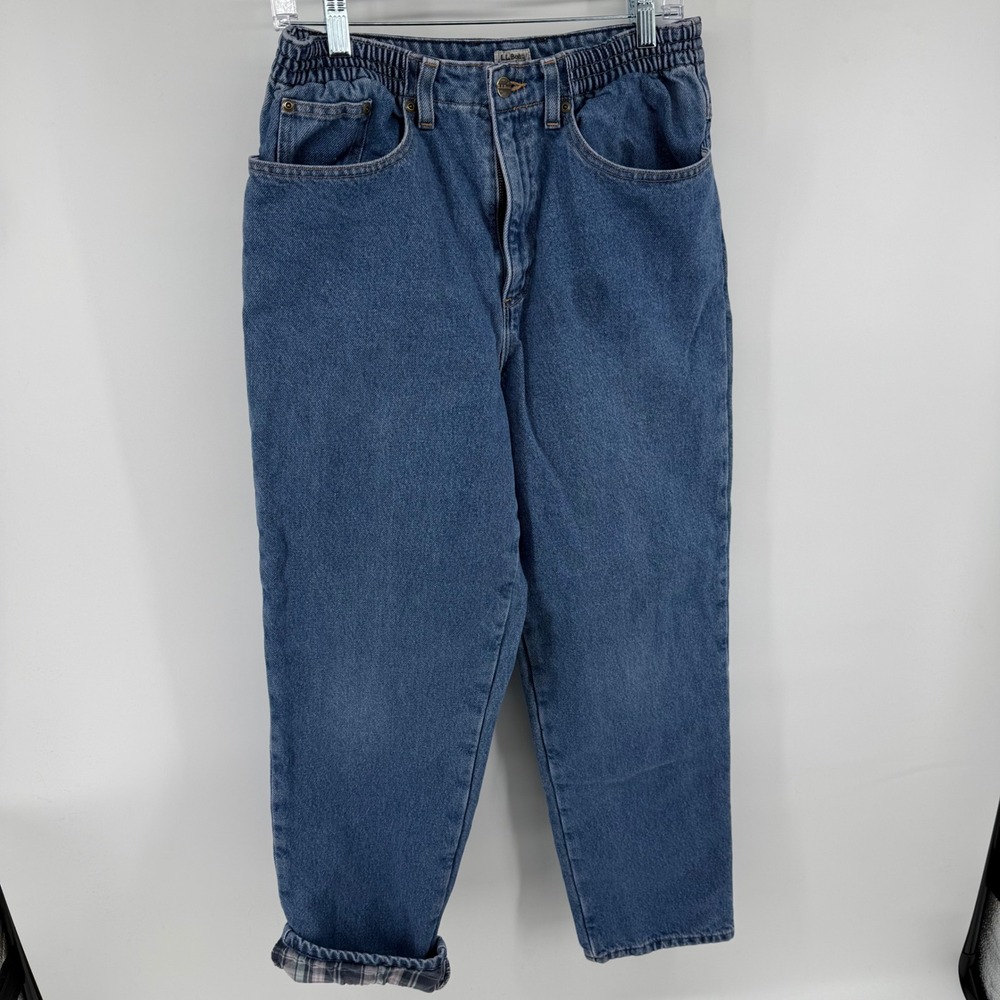 LL Bean Flannel Lined Jeans Womens 10 Reg Relaxed Fit Plaid Denim Blue Gorpcore